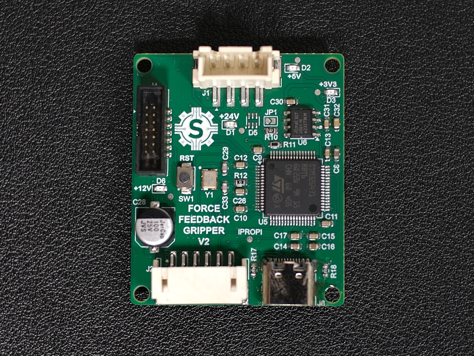 Top side of the gripper controller PCB with the STM32G431
