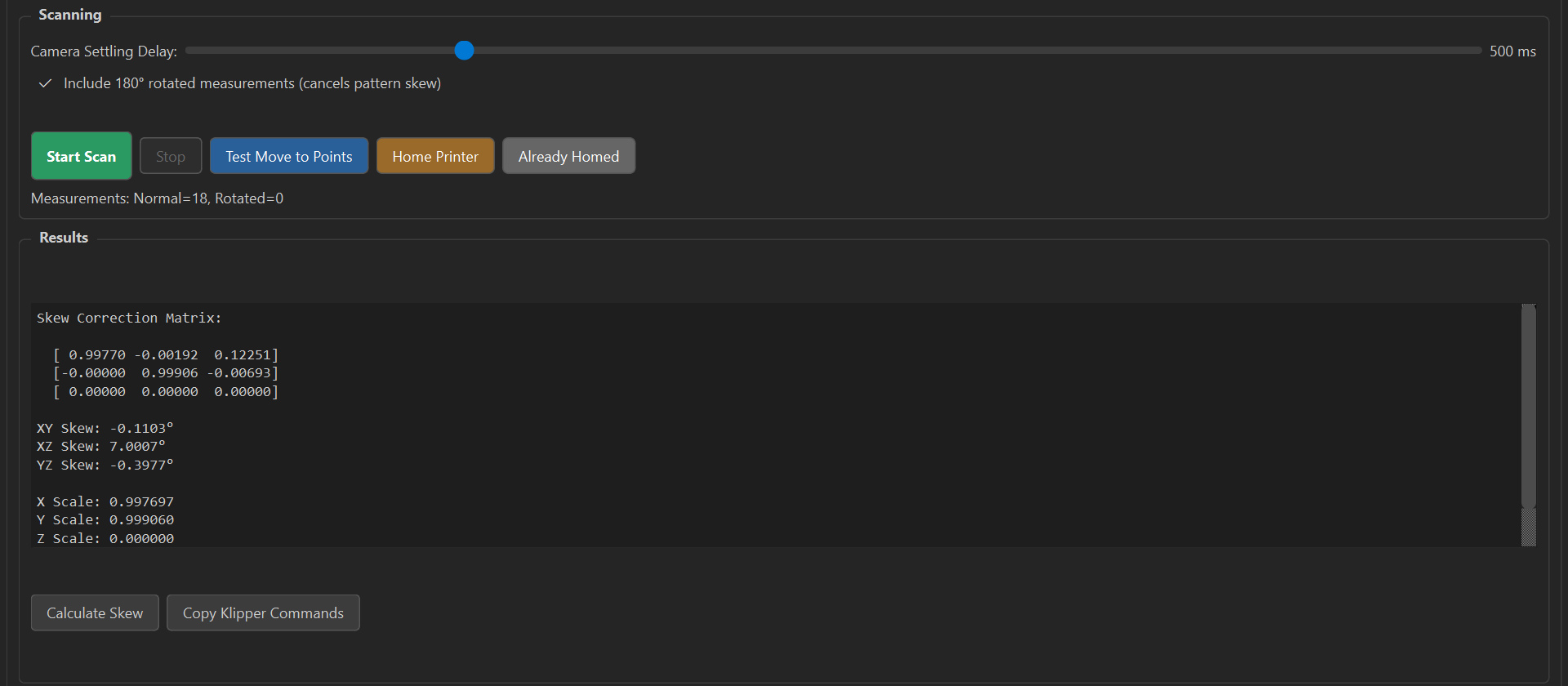 The Skew tab with a finished scan loaded and the skew results shown