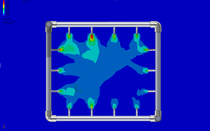 CFD velocity plot of the optimized pipe layout, with flow out of every tube